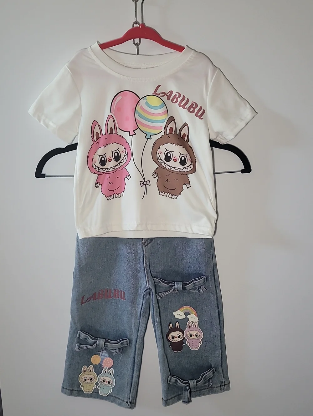 Labubu Kids White & Denim Matching Set - Pink & Brown Character Tee and Jeans